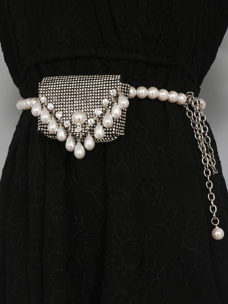 Faux Pearl Fringe Waist Chain Rhinestone Mini Belt Bag, Black, Belts