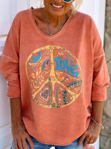 

Casual Text Letters V Neck Long Sleeve T-shirt, Orange, T-shirts