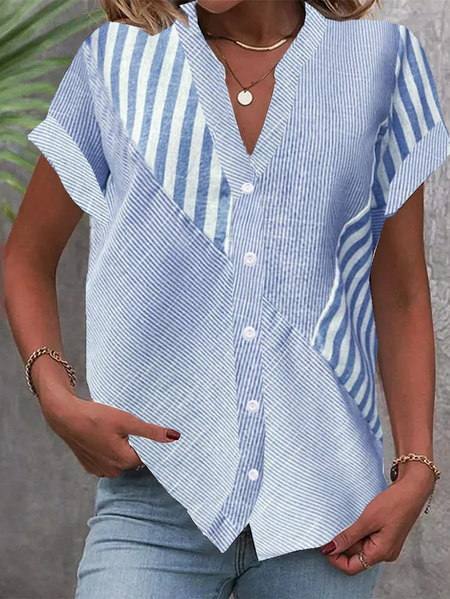 

Notched Short Sleeve Striped Regular Loose Blouse For Women, Blue, Shirts