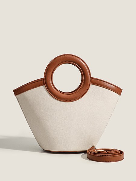 

2pcs/set Color-block Round Handle Canvas Bucket Bag, Brown, Bags