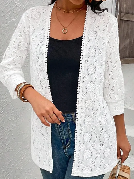 

Three Quarter Sleeve Plain Regular Loose Blouse For Women, White, Cardigans