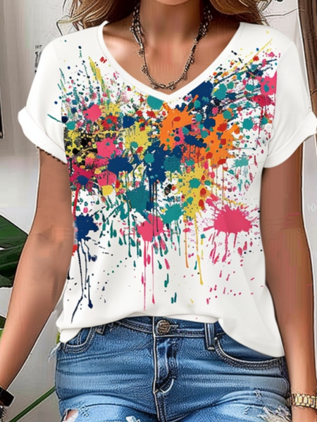 

Casual Random Print V Neck Short Sleeve T-shirt, White, T-shirts