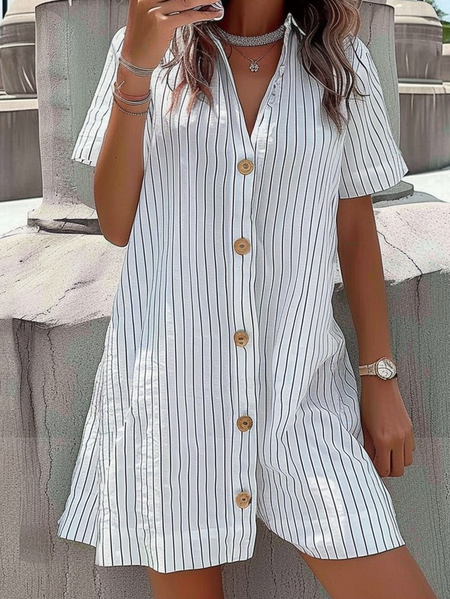 

Women Striped Shirt Collar Short Sleeve Comfy Casual Short Dress, White, Dresses