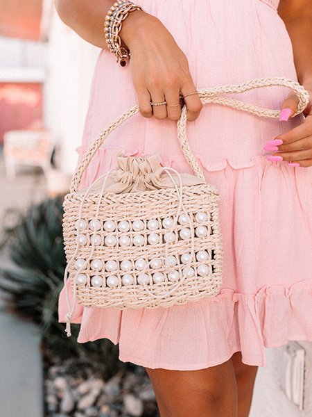 

Imitation Pearls Vacation Drawstring Straw Crossbody Bag, Beige, Bags