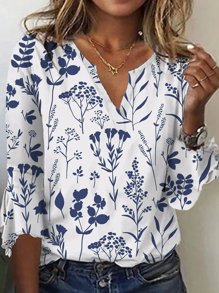 

Casual Floral Notched Half Sleeve T-shirt, White, T-shirts