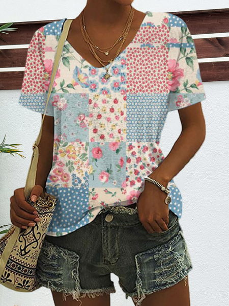 

Casual Floral V Neck Short Sleeve T-shirt, Multicolor, T-shirts