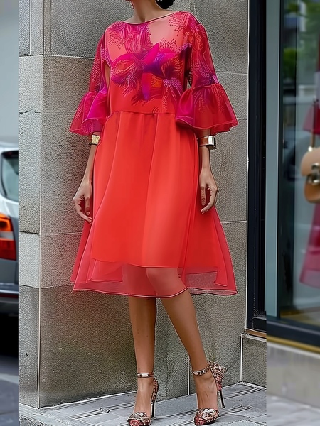 

Loose Crew Neck Short Sleeve Elegant Plants Midi Dress, As picture, Midi Dresses