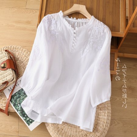 

Women's Three Quarter Sleeve Shirt Spring/Fall Plain Cotton And Linen Stand Collar Daily Going Out Casual Top Blue, White, Blouses