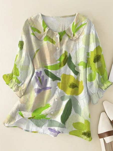 

JFN Floral Painting Lantern Sleeve Shawl Collar Casual Buttoned 3/4 Sleeve Shirt, Green, Shirts & Blouses
