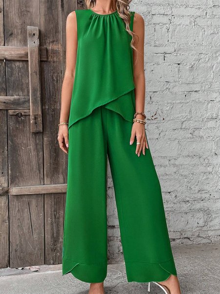 

Crew Neck Elegant Cross Two-Piece Set, Green, Suit Set