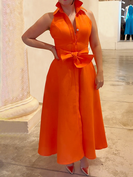 

Regular Fit Shirt Collar Sleeveless Plain Elegant Maxi Dress With Belt, Orange, Maxi Dresses