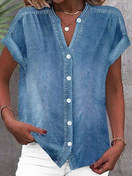 

Notched Short Sleeve Plain Regular Loose Blouse For Women, Blue, Shirts