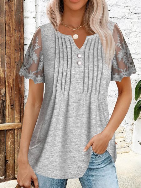 

Notched Short Sleeve Plain Lace Regular Loose Shirt For Women, Gray, Blouses