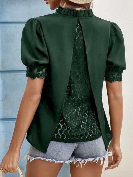 

Crew Neck Short Sleeve Plain Lace Regular Loose Shirt For Women, Darkgreen, Blouses