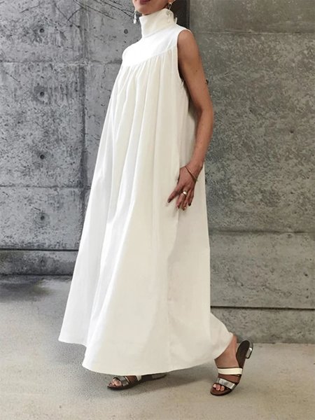 

Plain Stand Collar Loose Casual Dress, White, Maxi Dresses