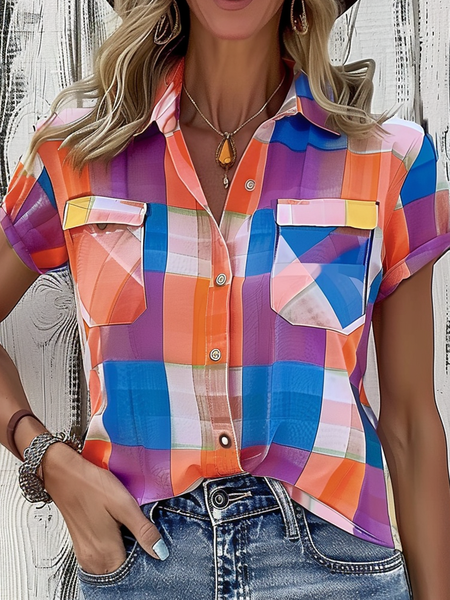 

Shirt Collar Short Sleeve Plaid Regular Micro-Elasticity Loose Blouse For Women, Orange, Shirts