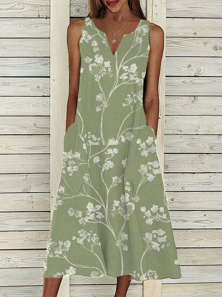 

Loose Notched Floral Casual Dress, Green, Dresses