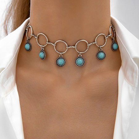 

Amazon cross-border jewelry retro ethnic style creative design hollow carved turquoise necklace clavicle chain for women, Color4, Necklaces