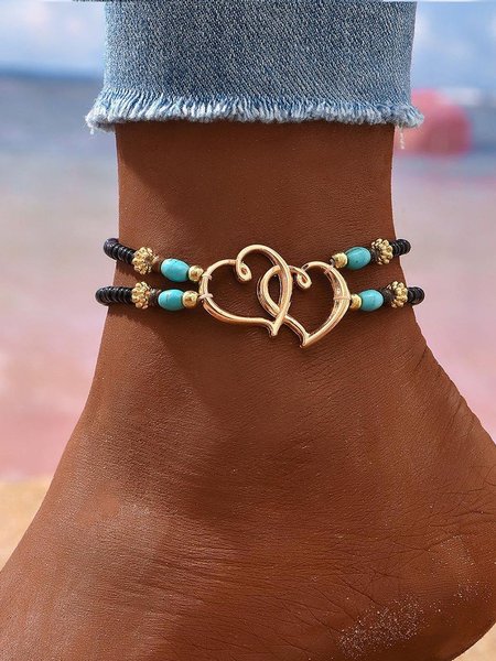 

Heart to Heart Turquoise Double Layer Feet Chain, Black-gold, Bracelets & Anklets