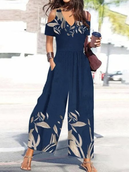 

Loose V Neck Casual Floral Jumpsuit With No, Blue, Jumpsuits＆Rompers