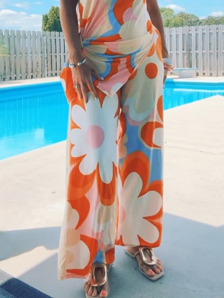 

Floral Casual Loose Fashion Straight Pants, Orange, Pants