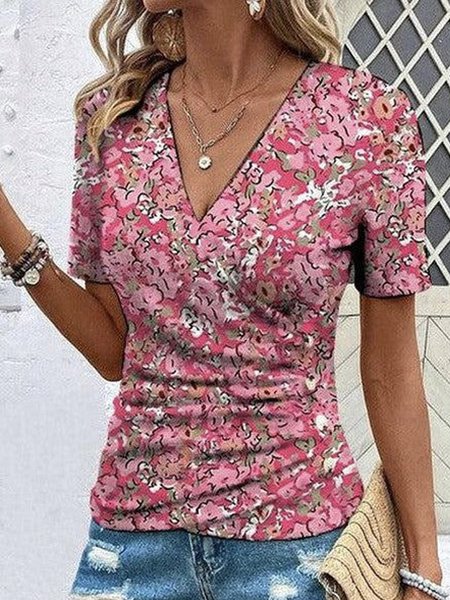 

V Neck Short Sleeve Floral Buckle Regular Loose Shirt For Women, Red, Blouses