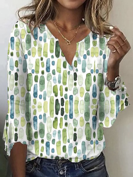 Notched Half Sleeve Abstract Regular Loose Shirt For Women, Green, T-shirts
