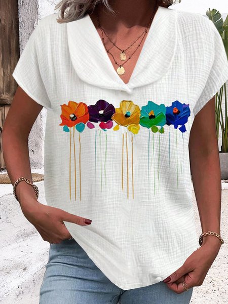 

Shawl Collar Short Sleeve Floral Regular Loose Shirt For Women, White, Blouses