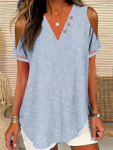 

V Neck Short Sleeve Striped Regular Loose Shirt For Women, Blue, Blouses
