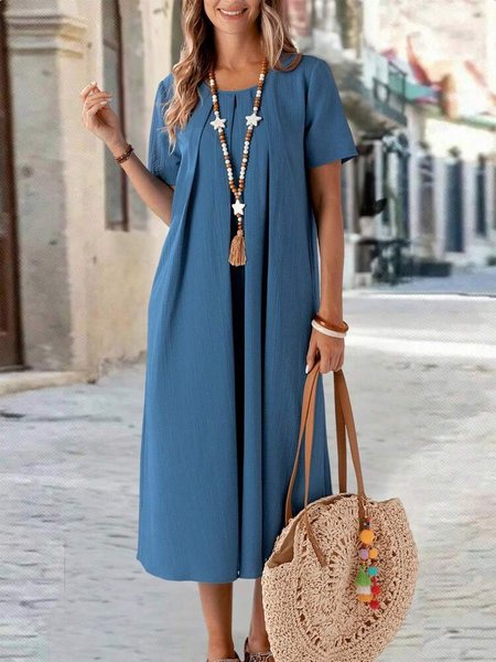 

Casual Crew Neck Loose Dress With No, Blue, Maxi Dresses