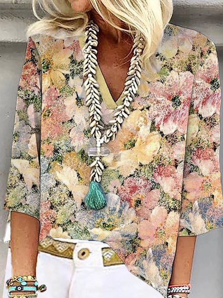

V Neck Half Sleeve Floral Regular Loose Shirt For Women, Yellow, Blouses