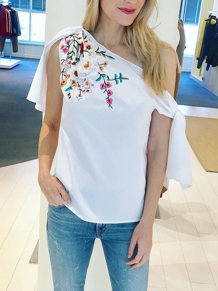 

Floral Asymmetrical Loose Urban Shirt, White, Blouses and Shirts