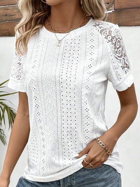 

Crew Neck Short Sleeve Plain Regular Loose Shirt For Women, White, Blouses