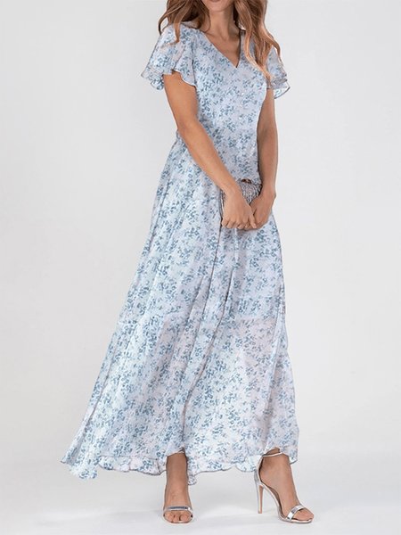 

Elegant Regular Fit Ruffled Sleeves Floral Dress, Blue, Dresses
