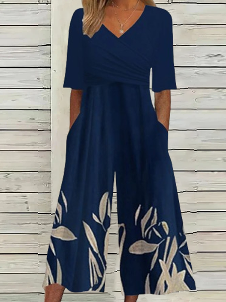 

Women Short Sleeve V Neck Loose Ankle Pants Daily Casual Leaf Natural Jumpsuit, Purplish blue, Jumpsuits&Rompers
