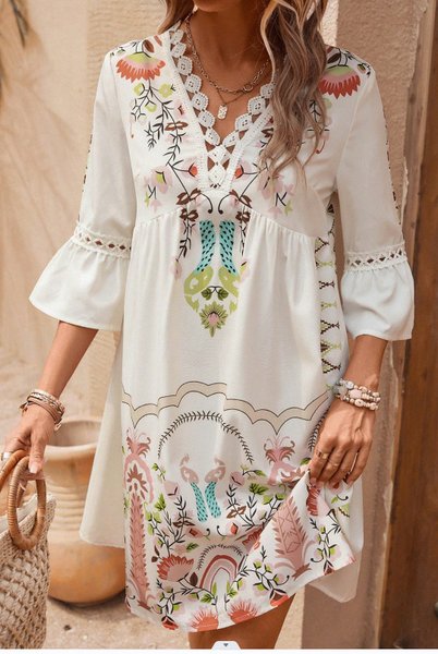 

Women Ethnic V Neck Half Sleeve Comfy Casual Lace Short Dress, Apricot, Dresses