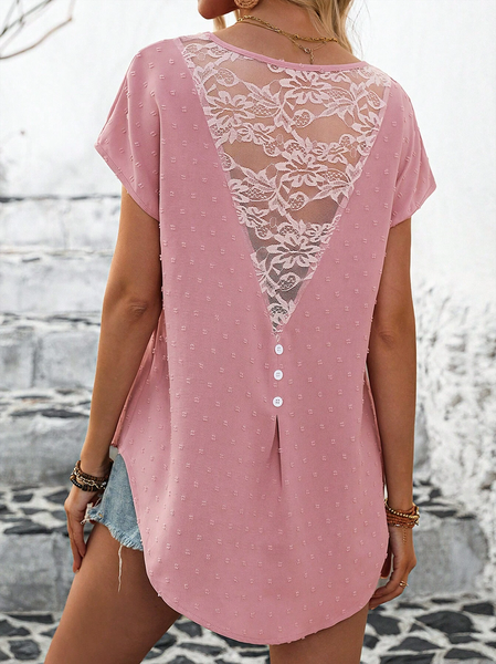 

Crew Neck Short Sleeve Plain Lace Regular Loose Shirt For Women, Pink, Blouses
