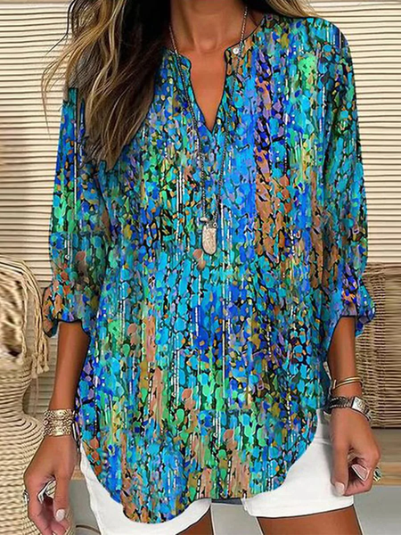 

Notched Long Sleeve Random Print Regular Loose Shirt For Women, Multicolor, Blouses