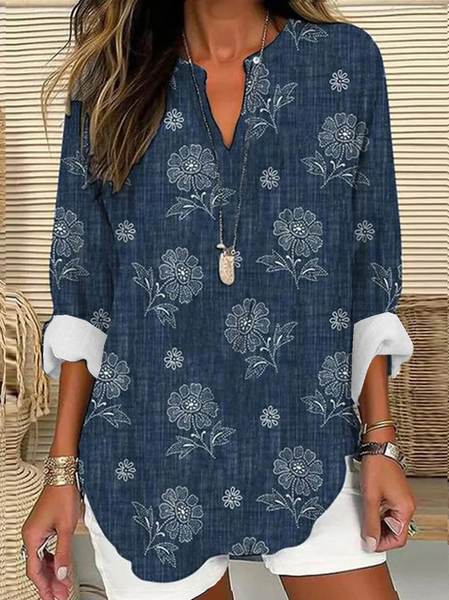 

V Neck Long Sleeve Floral Regular Loose Shirt For Women, Blue, Blouses