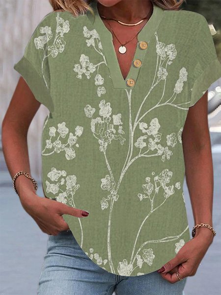 

V Neck Floral Casual Shirt, Green, Shirts & Blouses