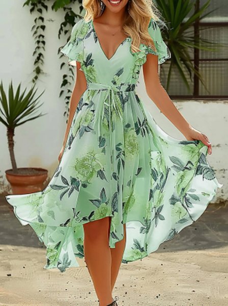 

Floral Vacation Regular Fit Chiffon Dress With Belt, Green, Dresses