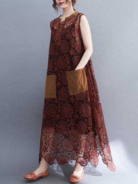 

Women Plain Sleeveless Comfy Casual Lace Maxi Dress, Coffee, Dresses