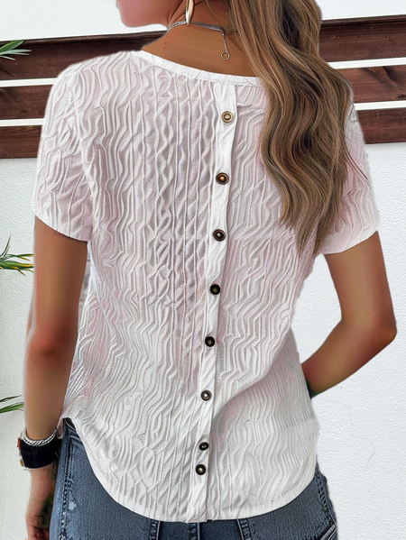 

Crew Neck Short Sleeve Plain Buckle Regular Loose Shirt For Women, White, Blouses