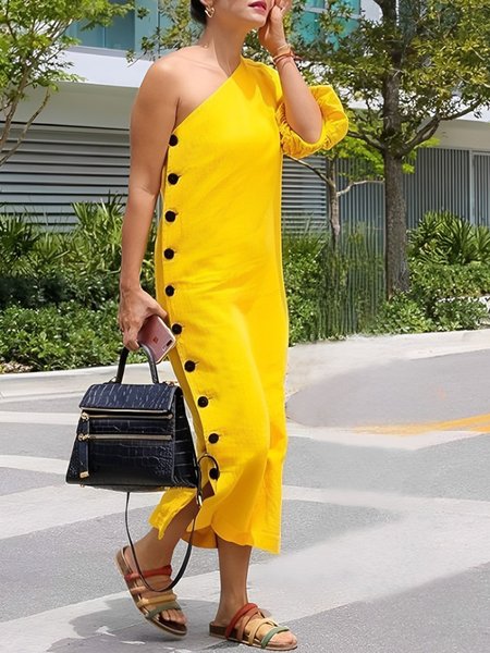 

Regular Fit Buttoned Urban Plain One Shoulder Dress, Yellow, Maxi Dresses
