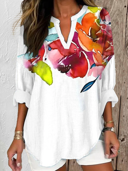 

Notched Long Sleeve Floral Regular Loose Shirt For Women, White, Blouses