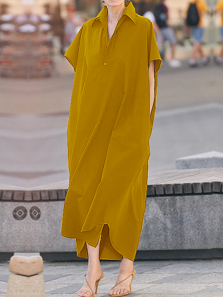 

Loose Urban Shirt Collar Short Sleeve Maxi Dress Shirt Dress, Yellow, Maxi Dresses