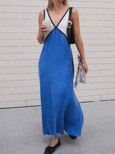 

Regular Daily Fit Plain Urban V neck Dress, As picture, Maxi Dresses