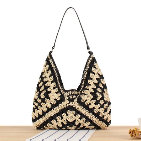 

2024 popular hot style large-capacity woven bag, versatile and fashionable straw bag, holiday commuter shoulder bag, Black, Bags