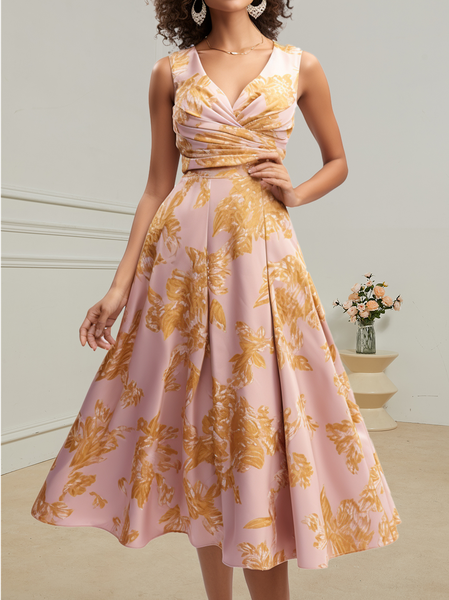 

Floral Elegant A Line V Neck Sleeveless Midi Dress, Pink, Dresses