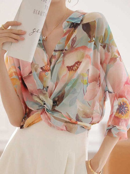 

Loose Floral Shirt Collar Elegant Blouse, As picture, Blouses and Shirts